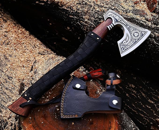 19" Viking Axe Carbon Steel Engraved Head with Leather Wrapped Wooden Handle & Sheath | Norse