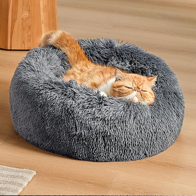 Bedsure Calming Cat Beds for Indoor Cats - Small Cat Bed Washable 20 inches, Anti-Slip Round Fluffy