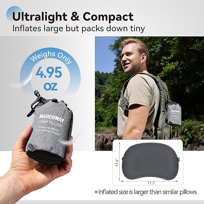 MARCHWAY Ultralight Inflatable Camping Pillow with Soft Washable Cover, Compact Compressible