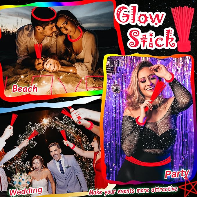 ILHSTY 100 Pcs 8'' Red Glow Sticks Glow Necklaces In The Dark Party Favors Supplies Bright