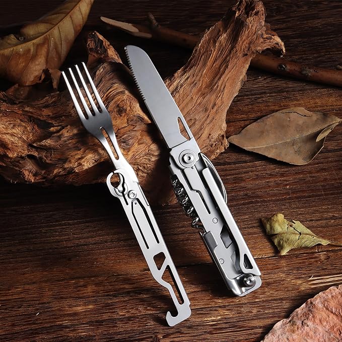 Camping Utensils, 6-In-1 Detachable Stainless Steel Camping Flatware Multi-tool kits with Spoon