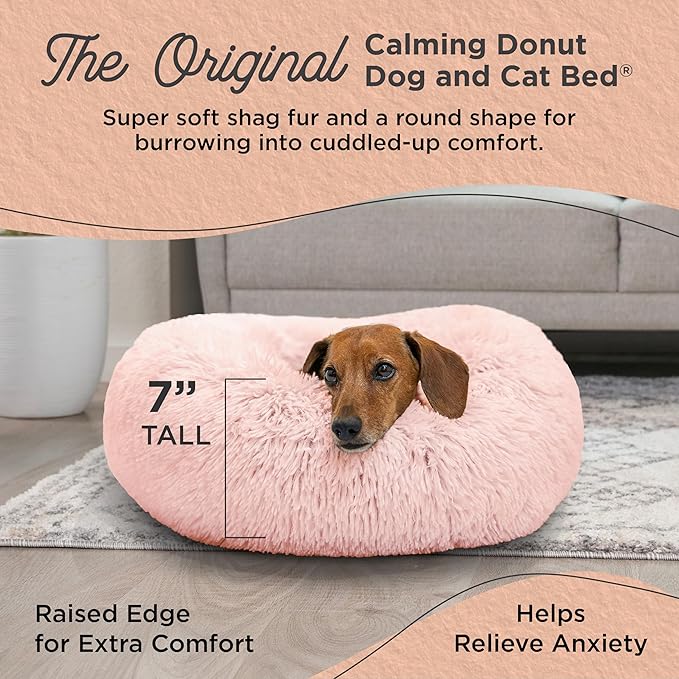 Best Friends by Sheri Original Calming Donut Dog and Cat Bed, Shag Faux Fur, Cotton Candy Pink