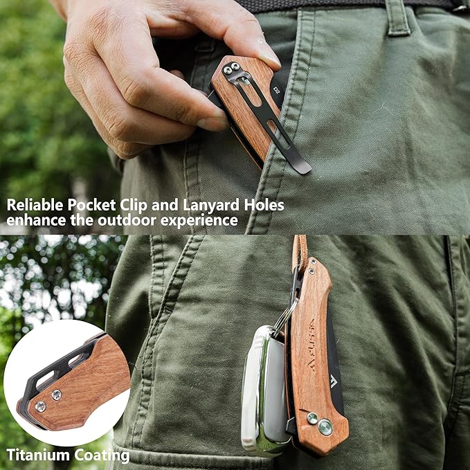 FLISSA Pocket Folding Knife, 3.2??D2 Blade Wood Handle EDC Knife with Button Lock and Pocket Clip