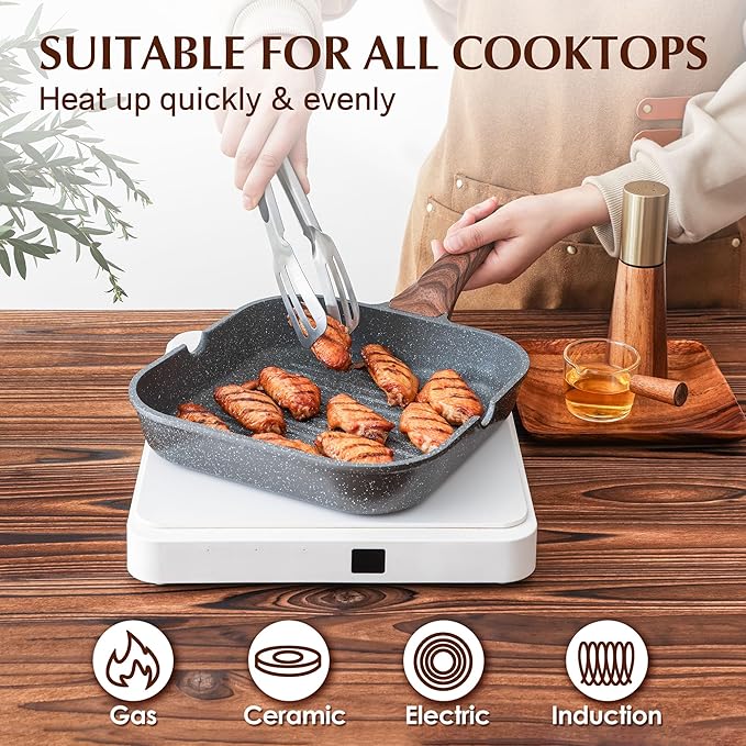 SENSARTE Nonstick Grill Pan for Stove Tops, Versatile Griddle Pan with Pour Spouts, Square Grill