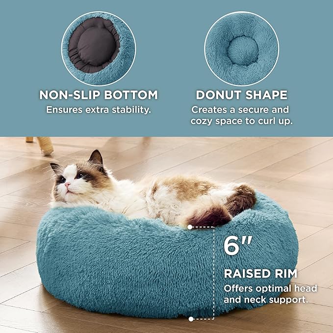 Bedsure Calming Cat Beds for Indoor Cats - Small Cat Bed Washable 20 inches, Anti-Slip Round Fluffy