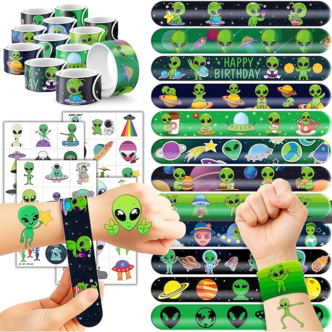 72 PCS Alien Party Favors 48 Tattoos Sticker and 24 Slap Bracelets Wristbands Perfect for Space