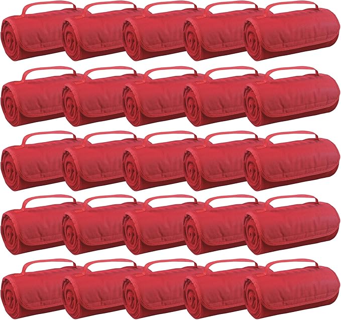25 Ct of Roll-Up Blankets for Camping, Travel, Outdoors, Beach, Picnics – Red – Hook + Loop Closure
