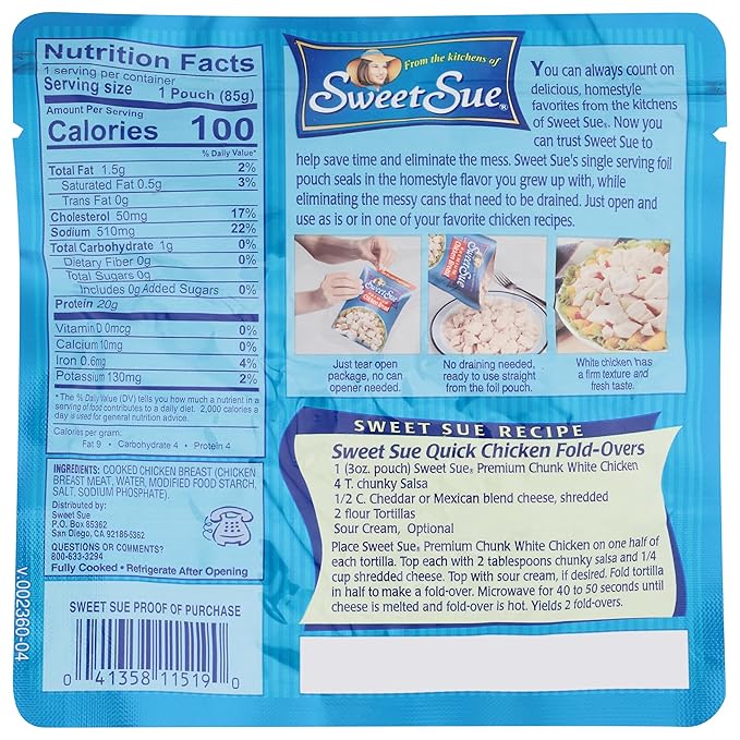 Sweet Sue Premium Chicken Breast, 3 Ounce (Pack of 18) - 20g Protein per Serving, 97% Fat Free