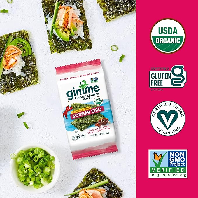 Gimme Seaweed Organic Premium Roasted Seaweed Snacks, Korean BBQ, 6 Count, Keto, Vegan