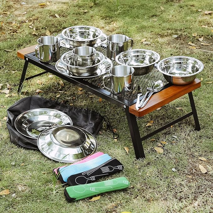 Outdoor Camping Mess Kit, Stainless Steel Tableware Mess Kit Includes Plate Bowl Cup Spoon Fork