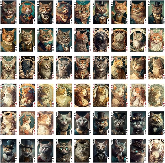 Art Nouveau CAT Portraits Playing Cards (Poker Deck 54 Cards All Different) Art Nouveau Art Deco