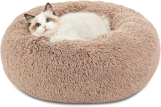 Bedsure Calming Cat Beds for Indoor Cats - Small Cat Bed Washable 20 inches, Anti-Slip Round Fluffy