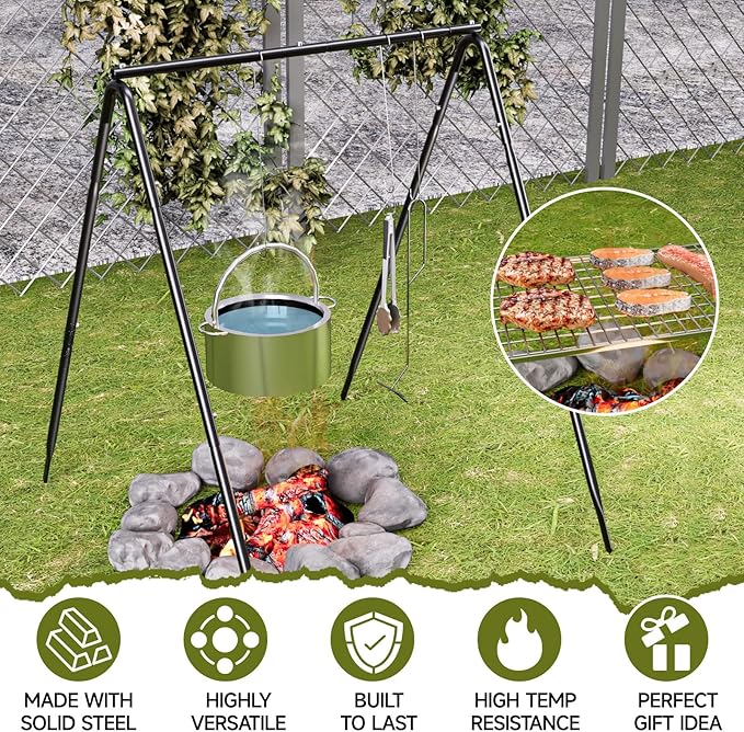 Grill Swing Campfire Cooking Stand with Stainless Steel Grill Grate for Cookware & Dutch Oven