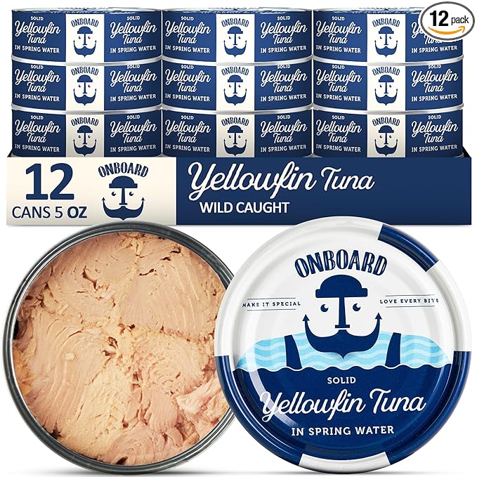 ONBOARD Premium Yellowfin Tuna in Spring Water - 12 Pack Solid Light 5 Oz Cans Sustainably Wild