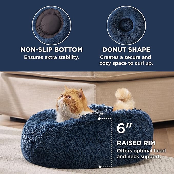 Bedsure Calming Cat Beds for Indoor Cats - Small Cat Bed Washable 20 inches, Anti-Slip Round Fluffy