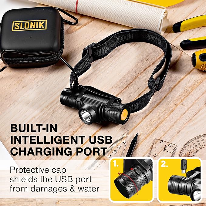 SLONIK Rechargeable Headlamp Flashlight - 500 Lumens Ultra Bright Headlight - IPX4 Waterproof Head