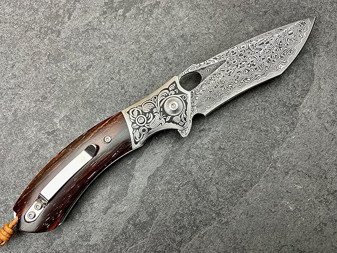 TACTICAL GEARZ Damascus Pocket Folding Knife, Natural Rosewood Handle, Damascus Steel Blade