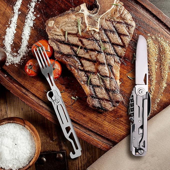 Camping Utensils, 6-In-1 Detachable Stainless Steel Camping Flatware Multi-tool kits with Spoon