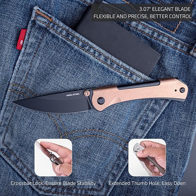 REALSTEEL SYLPH Folding Pocket Knife, Liner Lock, 3.07" Nitro-V Steel Black PVD Blade, Thumb Stud
