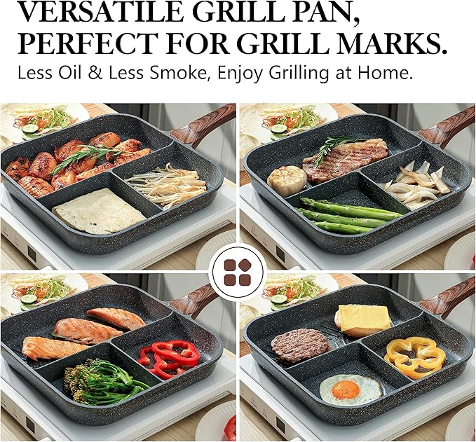 Sensarte Nonstick 11-Inch Square Grill Pan, 3-Section Versatile Breakfast Skillet, Die-cast