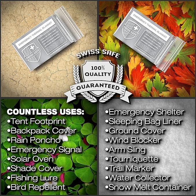 Swiss Safe Emergency Mylar Thermal Blankets + Bonus Space Blanket - Compact & Insulated for Cold