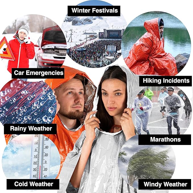 aZengear Emergency Survival Poncho (4pc) Thermal Mylar Foil Blanket for Heat Retention and Rain |