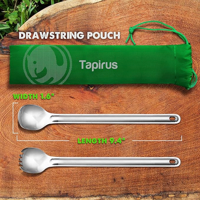 Tapirus - Long Spork and Long Spoon Set - 9.4-inch Long Deep Reach Stainless Steel Eating Utensils