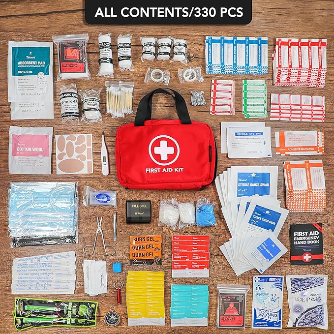 330 Piece First Aid Kit, Premium Waterproof Compact Trauma Medical Kits for Any Emergencies, Ideal
