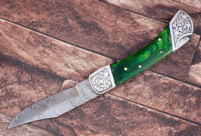 9" long Folding Knife, Bull Horn Scale with Engraved steel bolster, custom made 4" Hand Forged