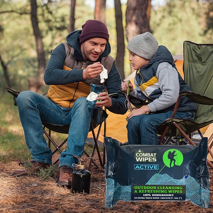 Combat Wipes ACTIVE Outdoor Wet Wipes - Extra Thick Camping Gear, Biodegradable, Body & Hand
