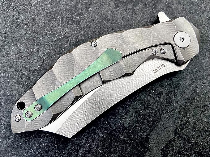 Titanium Pocket Folding Knife, Solid Tc4 Titanium Handle, CPM-D2 Steel DAO Blade, Includes Sheath