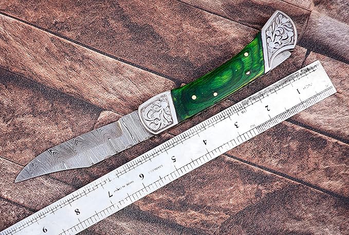 9" long Folding Knife, Bull Horn Scale with Engraved steel bolster, custom made 4" Hand Forged