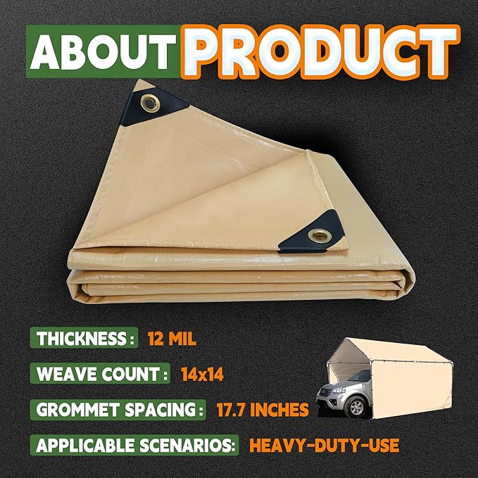 RAINDEWAY 15x30 Feet Heavy Duty Tarp,12 Mil Tan Waterproof Poly Tarp Cover,UV