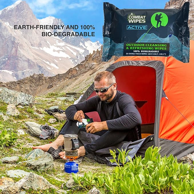 Combat Wipes ACTIVE Outdoor Wet Wipes - Extra Thick Camping Gear, Biodegradable, Body & Hand