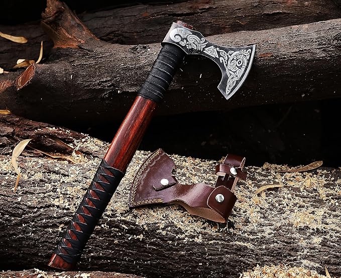 Viking Axe | 18" Carbon Steel Throwing Hatchet with Ash Wood Handle & Leather Sheath | Etched Norse