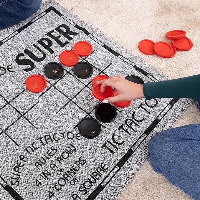 3-in-1 Vintage Giant Checkers Set, Tic Tac Toe with Reversible Mat, 24 Jumbo Chips, Family Board
