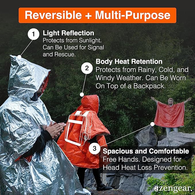 aZengear Emergency Survival Poncho (4pc) Thermal Mylar Foil Blanket for Heat Retention and Rain |