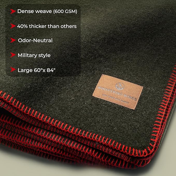 Whispering Winds 100% Wool Blanket - Premium Ultra-Soft, Thick, Warm, Large 60″x 84″ Bed & Camping