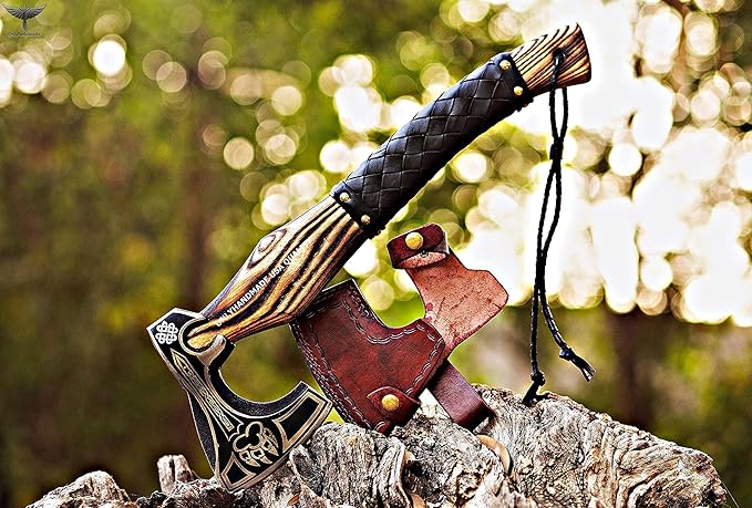 Custom Gift Forged Carbon Steel Viking Axe with Rose Wood Shaft, Viking Bearded Camping Axe &