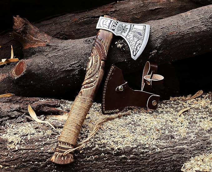 Wazir Crafts Viking Axe |Carbon Steel Engraved Blade with 18″ Wooden Handle & Leather Sheath |