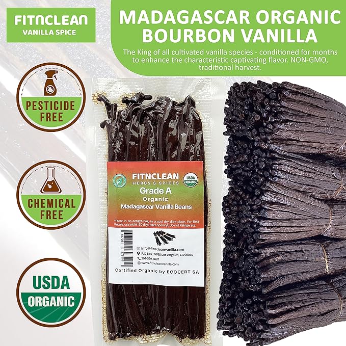 20 Madagascar Organic Vanilla Beans Grade A. Certified USDA Organic. ~6" by FITNCLEAN VANILLA for