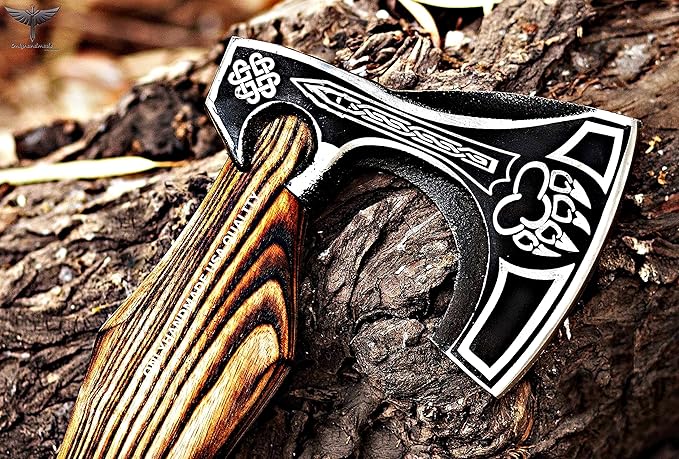 Custom Gift Forged Carbon Steel Viking Axe with Rose Wood Shaft, Viking Bearded Camping Axe &