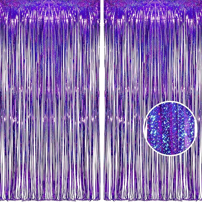 BRAVESHINE Purple Tinsel Foil Fringe Curtains - 2Pcs 3.2x8.2ft Metallic Holidays Photo Backdrop for