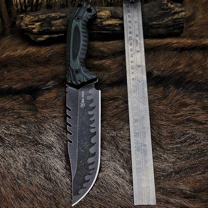 BA-KOR 12.4in Full Tang Fixed Blade Hunting Knife ??6mm 9CR18MoV Steel, G10 Handle, Stonewashed