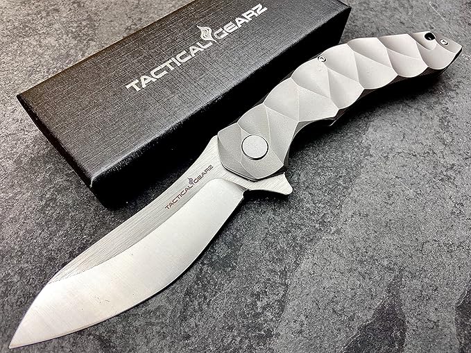 TACTICAL GEARZ Titanium Pocket Folding Knife, Solid Tc4 Titanium Handle, Razor Sharp CPM-D2 Steel
