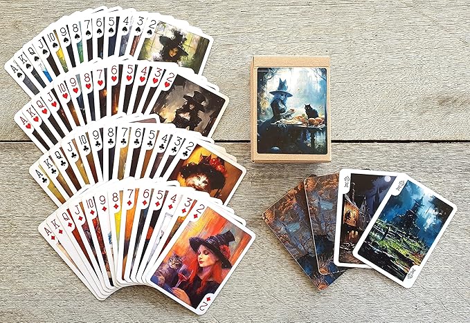 Wicca Witch Playing Cards (Poker Deck 54 Cards All Different) Elegant Witch Ladies with Black Cats