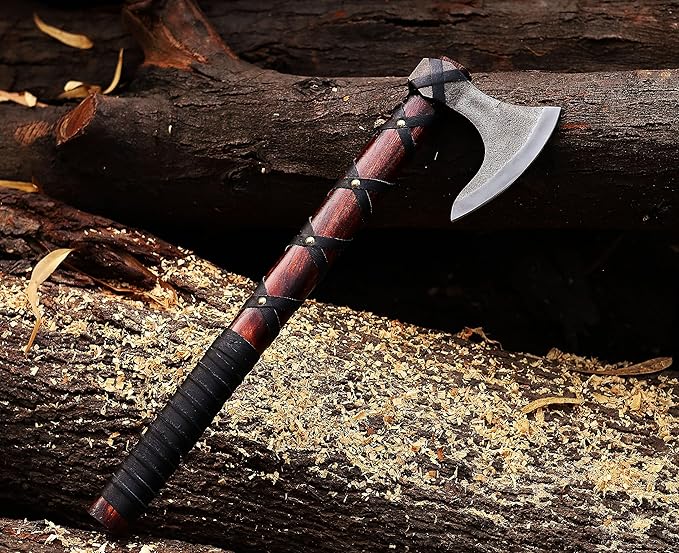WAZIR Crafts Viking Axe | 17″ Hand-Forged Carbon Steel Tomahawk with Rosewood Handle & Leather