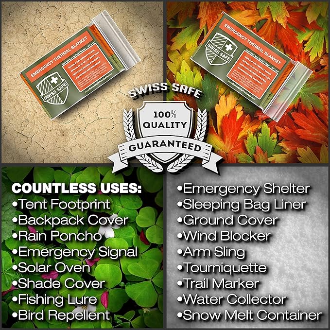 Swiss Safe 4 Pack Mylar Emergency Blankets for Survival - Compact & Insulated for Cold Weather