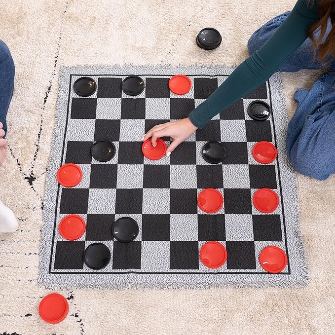 3-in-1 Vintage Giant Checkers Set, Tic Tac Toe with Reversible Mat, 24 Jumbo Chips, Family Board